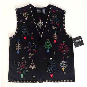 NWT Erika Knit XMAS Trees Vest Blk Cotton Embroidered w Beads Zip Front Sz M
